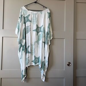 Makai Beach Womens Hawaiian White Kaftan Tunic Cover Up Beach Resort Turtle Fish